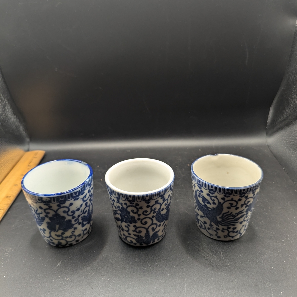 Vintage Set Of 3 Japanese Phoenix Flying Turkey Saki Cups As Is